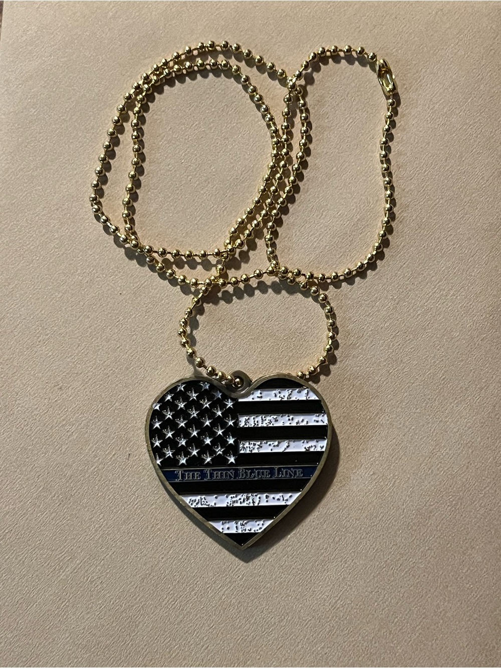 Thin Blue Line American Flag Heart Shaped Pendant Necklace w/St. Michael on back